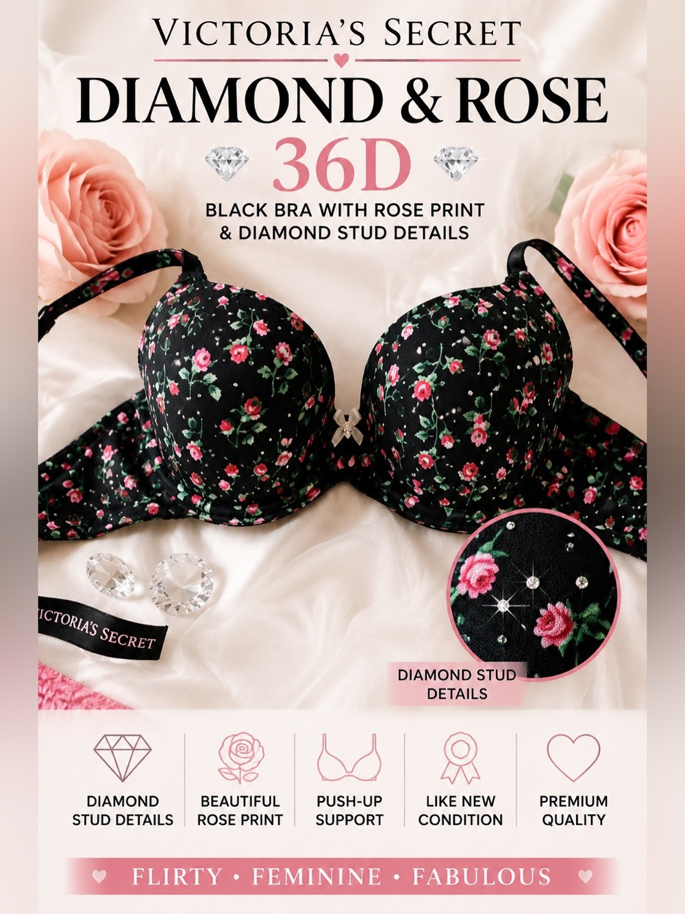 Victoria’s Secret Demi Bra 36D Black Rose Floral Rhinestone Diamond Detail